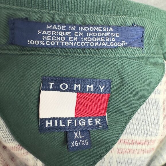 Vintage Tommy Hilfiger Polo Shirt Men XL Plaid Green Collar XL Navy Red Green - Picture 6 of 10